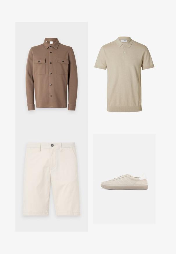 Braune, knöpfbare Jacke aus strukturiertem Stoff. Mit einem Kragen, zwei Brusttaschen mit Klappen und schwarzen Druckknöpfen.; Beiges kurzärmeliges Poloshirt mit Kragen und drei Knöpfen, gerippte Bündchen an Ärmeln und Saum, einfarbiger Strickstoff.; Helle beige Shorts aus Baumwolle mit geradem Schnitt, zwei seitlichen Taschen und einem einzelnen schwarzen Knopf am Bund.; Beiger Wildleder-Sneaker mit strukturiertem Obermaterial, glattem weißen Fersenbereich, dünnen Schnürsenkeln und Gummisohle. Verfügt über ein flaches Design.