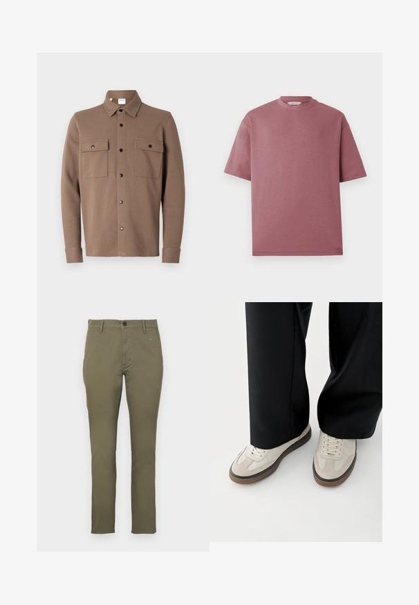 Veste marron à boutons, fabriquée en tissu texturé. Elle se distingue par un col, deux poches poitrine avec rabats et des boutons pression noirs.; T-shirt rose à manches courtes en coton, avec un col rond et une coupe décontractée. La texture semble lisse et douce, sans motifs.; Chinos kaki coupe slim pour homme avec passants de ceinture, fermeture à boutons devant et poches latérales, présentés sur un fond clair uni.; Pieds portant des baskets beige avec des semelles marron et un pantalon noir à jambes larges sur fond blanc.