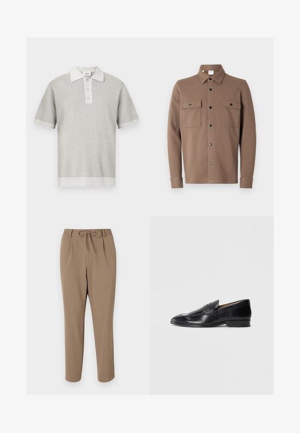 Bruine button-up jas van gestructureerde stof. Heeft een kraag, twee borstzakken met kleppen en zwarte drukknoopsluitingen.; Lichtgrijs gebreid poloshirt met korte mouwen, drie knopen en een gestructureerd patroon, voorzien van een kraag en iets donkerdere zoomranden.; Beige tapsbroek met een trekkoord in de taille, zijzakken en een gladde textuur. Geen zichtbare patronen of extra accenten.; Zwarte leren instapper met een gladde afwerking, spitse neus en subtiele stikseldetails. Heeft een platte hak en een gegraveerd logo aan de zijkant.