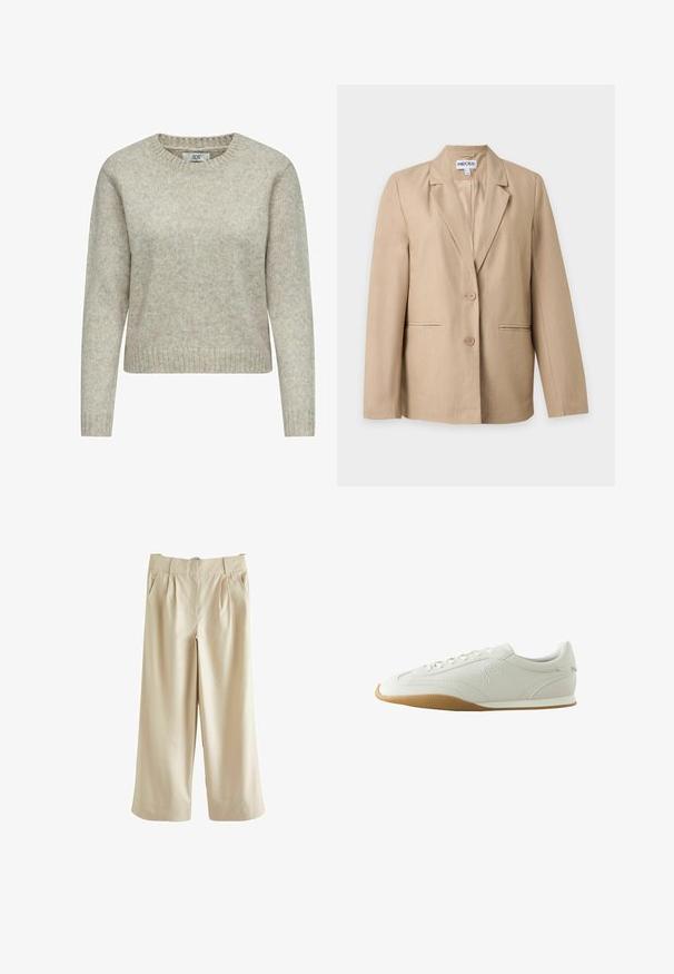 Beige damesblazer met twee knopen, notch-revers en voorste paspelzakken, weergegeven tegen een effen witte achtergrond.; Lichtbeige vrouwen trui gemaakt van zacht gebreide stof, met een ronde halslijn en ribgebreide manchetten en zoom. Klassiek, recht gesneden ontwerp.; Next SMART WIDE LEG - Broek - stone; Witte lage sneaker met bruine rubberen zool, stikseldetails, veterluiting aan de voorkant en geborduurd logo aan de zijkant.