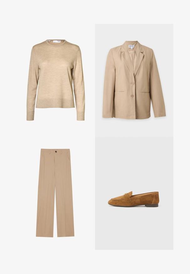 Beige damesblazer med to knapper, notch revers og forlommer, vist på en ensfarvet hvid baggrund.; Beige langærmet uldsweater med rund hals og ribstrikkede manchetter og kant, vist mod en hvid baggrund.; Beige brede bukser med en glat tekstur, der har to sidelommer, en frontlukning med knap og diskrete plisseringer for at tilføje detaljer.; Brun loafer i ruskind med lav hæl, der har en dekorativ rem over vristen og en glat, struktureret finish.
