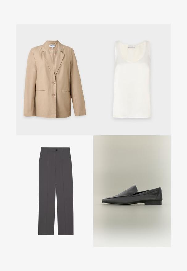 Beige women's blazer with two buttons, notch lapels, and front welt pockets, displayed on a plain white background.; White satin sleeveless tank top featuring a round neckline and smooth texture, with subtle sheen and clean edges.; Grey trousers with a straight leg design, featuring two side pockets and a button closure. Smooth fabric with no visible patterns or accents.; Black leather loafers with a smooth finish, pointed toe, and minimalistic design. Low stacked heel and subtle stitching accents.