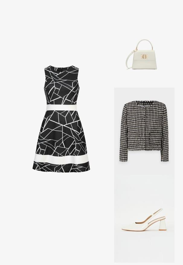 Sort-hvid houndstooth-jakke med et cropped design, indrammet halsudskæring og frynse-detaljer langs kanterne. Har to forlommer.; Sort ærmeløs kjole med et geometrisk hvidt mønster og et kontrasterende hvidt bælte ved livet. Glat stof og design med udvidet nederdel.; Hvide patentlæder slingback sko med spidse tæer og en geometrisk blokhæl. Indersiden har en tan indersål og minimale udskæringer på siden.; Lille hvid håndtaske med topgreb, aftagelig skulderrem og guld rektangulært spænde på frontklap.