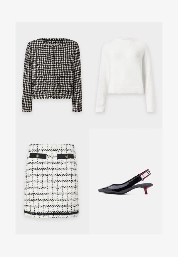 Sort-hvid houndstooth-jakke med et cropped design, indrammet halsudskæring og frynse-detaljer langs kanterne. Har to forlommer.; Hvid langærmet fuzzy crewneck sweater med en let cropped pasform og tekstureret stof.; Tweed mini nederdel i hvid og sort med et rutemønster, sorte detaljer, to frontlommer og guldknapdetaljer.; Sort patentlær slingback-sko med spids tå, rød lille hæl og elastisk hvid strop med sort og rød kant.