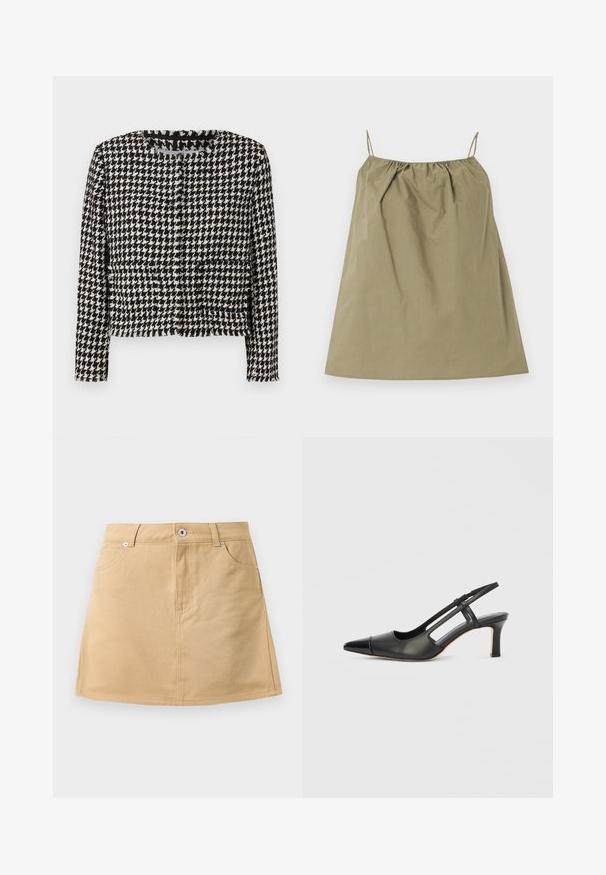Veste à motif pied-de-poule noir et blanc avec un design cropped, un col encadré et des franges le long des bords. Comprend deux poches avant.; Robe sans manches de couleur kaki avec fines bretelles spaghetti et encolure plissée, posée à plat sur un fond clair.; Jupe en denim beige mini avec poches avant, passants de ceinture et fermeture à bouton en métal sur fond blanc.; Chaussure à bride arrière en cuir noir avec bout pointu, dotée d'un accent brillant sur le bout et d'un talon de hauteur moyenne. Design latéral ouvert.