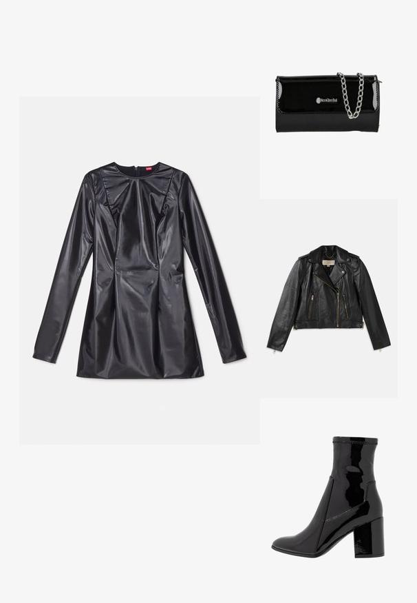 Zwarte leren motorjack met een aansluitend ontwerp, asymmetrische rits aan de voorkant, twee voorkoeken en accenten in goudkleurig metaal.; 032c TRAPEZE TOO TIGHT MINI DRESS - Cocktailjurk - black luster; Zwarte patenten enkellaarsjes met een gladde textuur, een spitse neus en een gestructureerde blokhak. Heeft een ritsvrije ontwerping en contrasterende stiksels.; Zwarte gepatenteerde neplederen clutch met een zilveren kettingstrap, voorzien van een flap sluiting en logo detail aan de voorkant. Rechthoekige vorm.