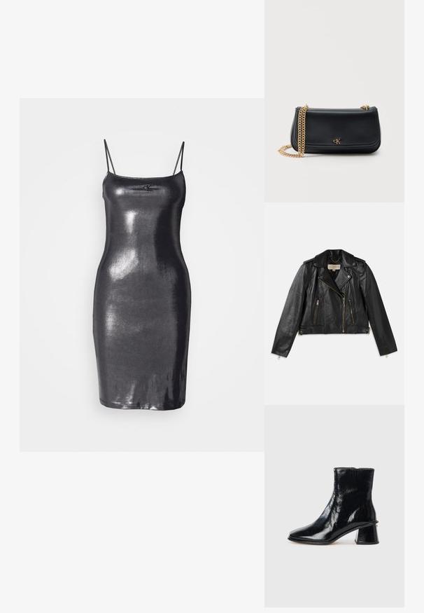 Čierna kožená moto bunda so priliehavým strihom, asymetrickým predným zipsom, dvoma prednými vreckami a akcentmi zo zlatého kovu.; Čierne, bezramienkové bodycon šaty vyrobené z lesklého, reflexného materiálu. Majú tenké ramienka a rovný lem. Na prednej strane je akcent s logom.; Čierne členkové topánky vyrobené z lesklej kože, so špicatou špičkou a jedinečným blokovým podpätkom s okrúhlym ozdobným detailom.; Čierna kožená kabelka cez rameno so zlatým reťazovým popruhom a malým zlatým logom „cK“ v strede prednej chlopne na jednoliatom pozadí.