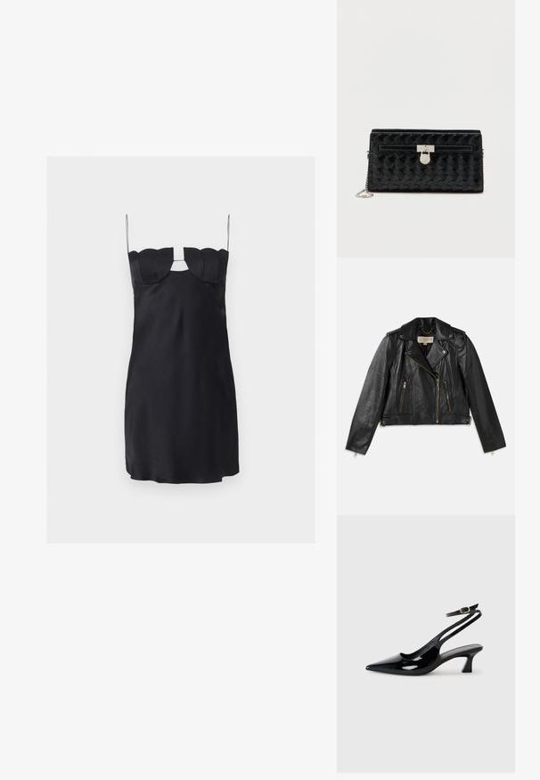 Veste de moto en cuir noir avec un design ajusté, fermeture éclair frontale asymétrique, deux poches avant et des accents en métal doré.; Mini-robe noire avec un buste structuré en forme de coquillage, fines bretelles spaghetti et une découpe en forme de trou de serrure sous le décolleté.; Escarpins à brides arrière en cuir verni noir, à bout pointu, avec un petit talon carré et une sangle de cheville ajustable dotée d'une boucle dorée.; Sac à main en cuir noir avec un motif texturé en forme d'ondulations, doté de ferrures argentées et d'une bandoulière en chaîne. Poche avant zippée avec un fermoir décoratif.