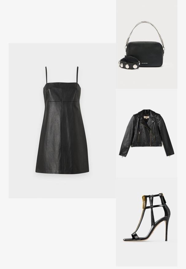 Veste de moto en cuir noir avec un design ajusté, fermeture éclair frontale asymétrique, deux poches avant et des accents en métal doré.; Robe en cuir noire avec bretelles fines, corsage ajusté et forme évasée. Comprend des coutures verticales pour la structure et une texture lisse.; Sandale noire à talons hauts avec de fines lanières, un bout carré et un détail à fermeture éclair dorée sur fond clair.; Sac bandoulière en cuir noir avec une finition texturée, bandoulière chaîne argentée et bracelet poignet noir clouté. Comprend une fermeture éclair sur le dessus et un détail logo.