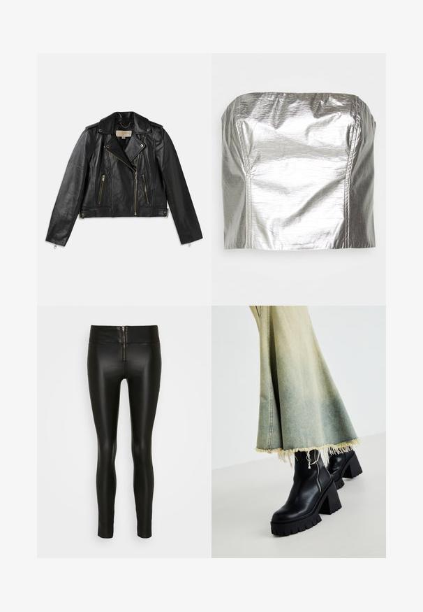 Schwarze Leder-Motorradjacke mit tailliertem Schnitt, asymmetrischem Frontreißverschluss, zwei vorderen Taschen und goldfarbigen Hardware-Akzenten.; Gina Tricot TUBE - Top - silver-coloured; Schwarze Kunstleder-Leggings mit hoher Taille und einem Frontreißverschluss. Glatte Textur, schmale Passform und knöchellanges Design.; Schwarze Leder-Ankle-Boots mit einer groben strukturierten Sohle, kombiniert mit einem verwaschenen Jeansrock mit fransigen Kanten. Reißverschlussdetail an der Seite.