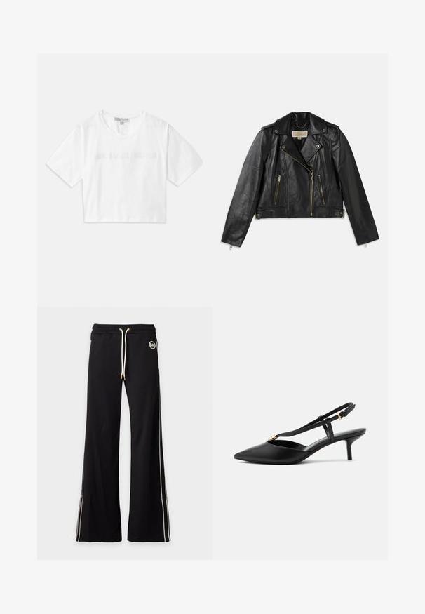 Veste de moto en cuir noir avec un design ajusté, fermeture éclair frontale asymétrique, deux poches avant et des accents en métal doré.; T-shirt blanc court en coton, avec des manches courtes et le logo "MICHAEL KORS" brodé ton sur ton à l'avant.; Pantalon noir à jambes larges avec bandes blanches sur les côtés, taille élastique, cordons blancs et petit logo circulaire MK sur la hanche droite.; Escarpin slingback en cuir noir à petit talon kitten, bout pointu, fine bride en T, boucle réglable et petite décoration dorée sur la bride.