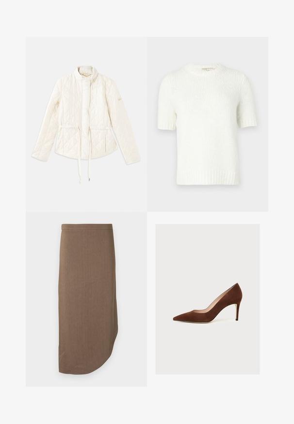 Veste matelassée de couleur crème avec un col haut, une taille réglable à cordon de serrage et un accent logo sur la manche gauche. Texture lisse.; Pull en tricot blanc à manches courtes avec une texture côtelée. Présente un col rond et une coupe décontractée. Pas de motifs ni d'embellissements.; Jupe crayon marron longueur genou avec un ourlet asymétrique et une taille ajustée, affichée sur fond blanc.; Chaussure à talon haut en daim marron à bout pointu avec un talon stiletto mince, vue de profil sur fond blanc.