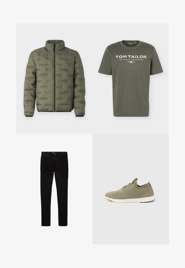 TOM TAILOR DENIM LIGHT PUFFER - Kerge jope - jungle soil green; Oliivroheline lühikeste varrukatega ümara kaelusega T-särk, millel on valge tekst "TOM TAILOR THE CASUAL DEPARTMENT 1962" rinnal trükitud.; Mustad denim, mille jalgadega ja slim fit disainiga mustad teksapüksid, viie taskuga ja nööp sulgumisega. Ühtlane tekstuur ja minimalismi kohaselt vähe õmblemise detaile.; Hele oliivroheline kudumispinnaga toss, millel on valge tald, paelaga esi külg ja tekstuuriga mustrid külgedel, vasaku külje profiilis kujutatud.