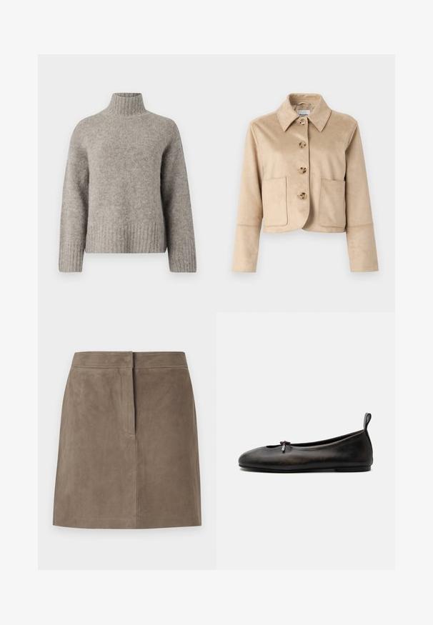 Chaqueta cropped beige de tejido suave y texturizado, con cuello camisero, cuatro cierres frontales (con botones) y dos bolsillos delanteros.; Suéter de cuello alto en un gris claro, hecho de una tela suave y texturizada. Presenta puños y dobladillo acanalados, con un ajuste relajado y un diseño minimalista.; Falda de ante en color topo, de longitud a la rodilla y ajuste recto, con detalle de costura frontal oculta sobre un fondo liso.; Bailarina plana de cuero marrón oscuro con un pequeño lazo en la parte superior y una lengüeta en el talón, mostrada de perfil sobre fondo blanco.