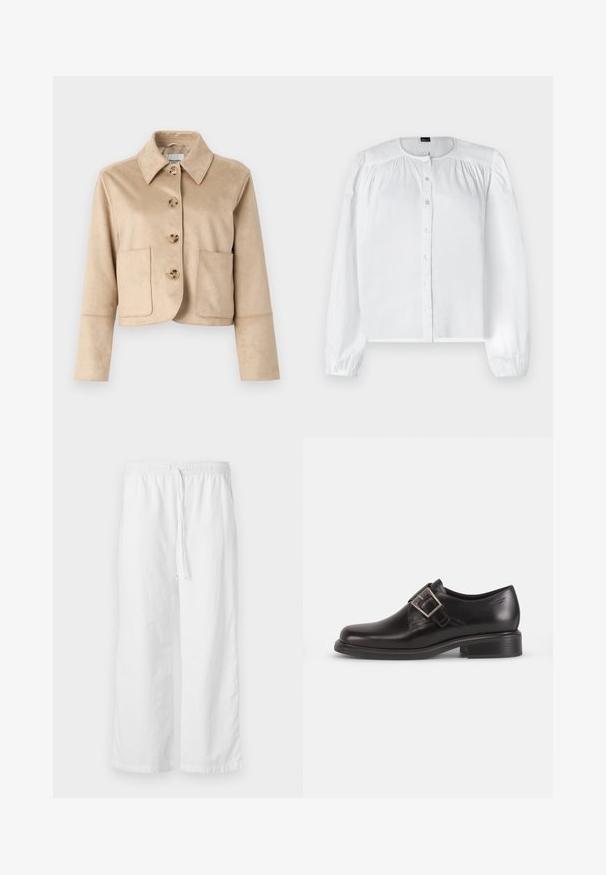 Chaqueta cropped beige de tejido suave y texturizado, con cuello camisero, cuatro cierres frontales (con botones) y dos bolsillos delanteros.; Blusa blanca de manga larga hecha de tejido suave, con un cierre frontal de botones y detalles fruncidos en los hombros, con un escote redondeado.; Pantalones anchos de textura blanca con cintura elástica y cordón ajustable. Diseño simple y minimalista, sin adornos.; Zapato de vestir de cuero negro con punta redondeada, detalle de hebilla lateral y suela texturizada, sobre un fondo blanco liso.