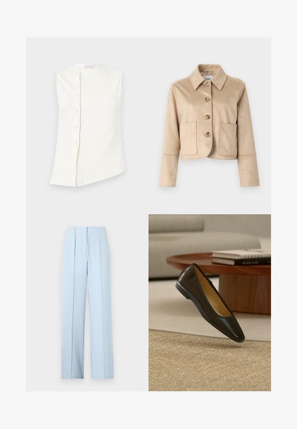Veste beige cropped en tissu doux et texturé avec un col, quatre fermetures à boutons à l'avant et deux poches avant.; Haut blanc sans manches avec un col rond et une fermeture asymétrique à boutons sur le devant comportant six boutons sur le côté gauche.; Pantalon large taille haute bleu clair avec plis devant et fermeture à glissière cachée sur un fond uni.; Chaussure plate en cuir noir avec bout carré arrondi sur un tapis tissé beige, avec une table basse en bois et des livres empilés en arrière-plan.