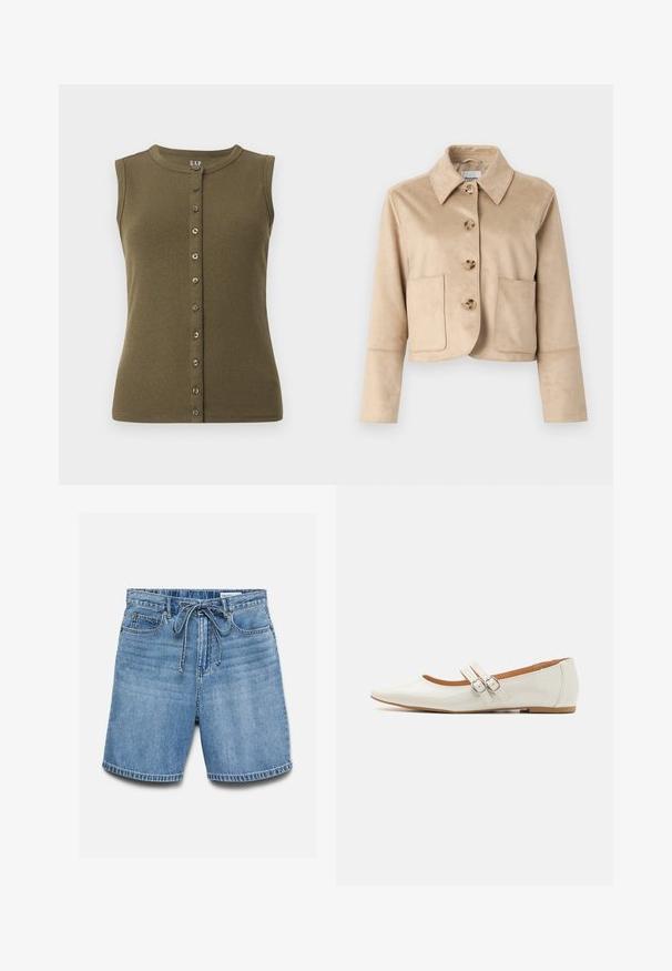 Veste beige cropped en tissu doux et texturé avec un col, quatre fermetures à boutons à l'avant et deux poches avant.; Top sans manches vert olive avec une texture côtelée, décolleté rond et une fermeture à boutons à l'avant dotée de sept boutons gris.; Short en denim bleu avec poches avant et passants pour ceinture, agrémenté d'un cordon noué à la taille et de plis horizontaux délavés.; Ballerines en cuir verni blanc avec un bout pointu, deux sangles décoratives avec des boucles en argent, et une semelle marron discrète.