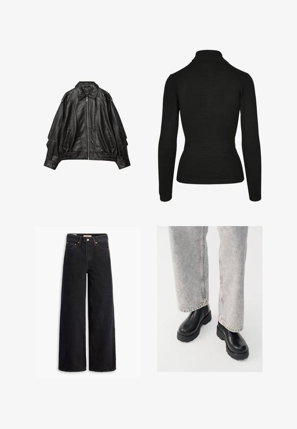 Schwarze Lederjacke mit einem Reißverschluss vorne, breitem Kragen und gerafften Details an den Manschetten und am Saum, mit seitlichen Taschen und strukturierten Schultern.; Schwarzer Rollkragenpullover aus weichem Stoff, mit langen Ärmeln, geripptem Kragen und einem figurbetonten Design mit minimaler Gestaltung.; Schwarze weite Jeans aus Denim mit fünf Taschen, Kupferrivets und einem klassischen Knopfverschluss. Glatte Textur mit einem klaren Design.; Vagabond COSMO - Plateaustiefelette - black