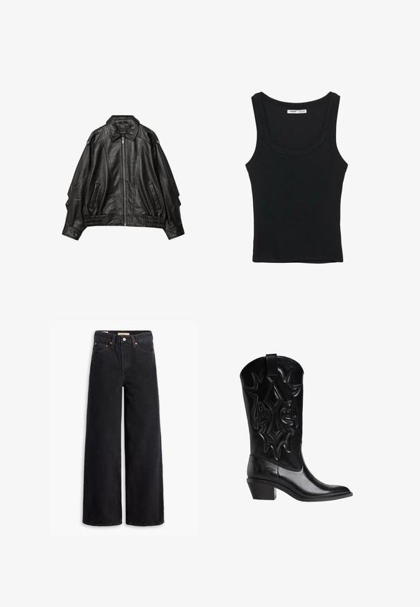 Veste en cuir noir avec fermeture éclair à l'avant, col large, et détails froncés aux poignets et à l'ourlet, avec poches latérales et épaules structurées.; Débardeur noir côtelé sans manches avec un col rond et un ourlet droit, étiquette à l'intérieur du dos du cou.; Jean noir à jambe large en denim, comportant cinq poches, des rivets en laiton et une fermeture à bouton classique. Texture lisse avec un design épuré.; Botte de cowboy en cuir noir avec des motifs décoratifs brodés, bout pointu, talon incliné de hauteur intermédiaire et lanière de tirage en haut de la tige.