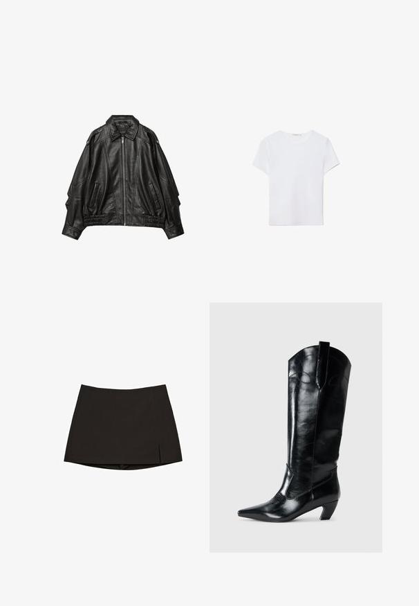 Veste en cuir noir avec fermeture éclair à l'avant, col large, et détails froncés aux poignets et à l'ourlet, avec poches latérales et épaules structurées.; T-shirt blanc à manches courtes en tissu doux. Dispose d'un col rond et d'un design simple et épuré avec un ourlet droit.; Mini-jupe noire en tissu lisse, avec une coupe droite, des fentes latérales et un ourlet net. Simple et polyvalente.; Bottes en cuir noir montantes jusqu'au genou, avec une pointe effilée, un talon bas, et des détails de couture décoratifs sur les côtés. Fini lisse et brillant.