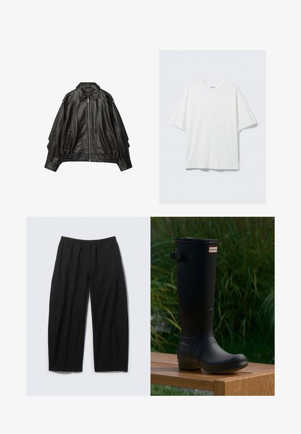 Zwart leren jack met een ritssluiting aan de voorkant, brede kraag en geplooide details bij de mouwen en de zoom, voorzien van zijzakken en gestructureerde schouders.; Wit oversized katoenen T-shirt met korte mouwen, ronde hals en een klein merkembleem aan de binnenkant van de kraag.; Loze zwarte broek met elastische tailleband en rechte, brede pijpen, plat neergelegd op een lichte achtergrond.; Zwarte rubberen kniehoge laars met een ronde neus, een lichte hak en een gespsluiting. Bevat het "HUNTER" logo op de voorkant.