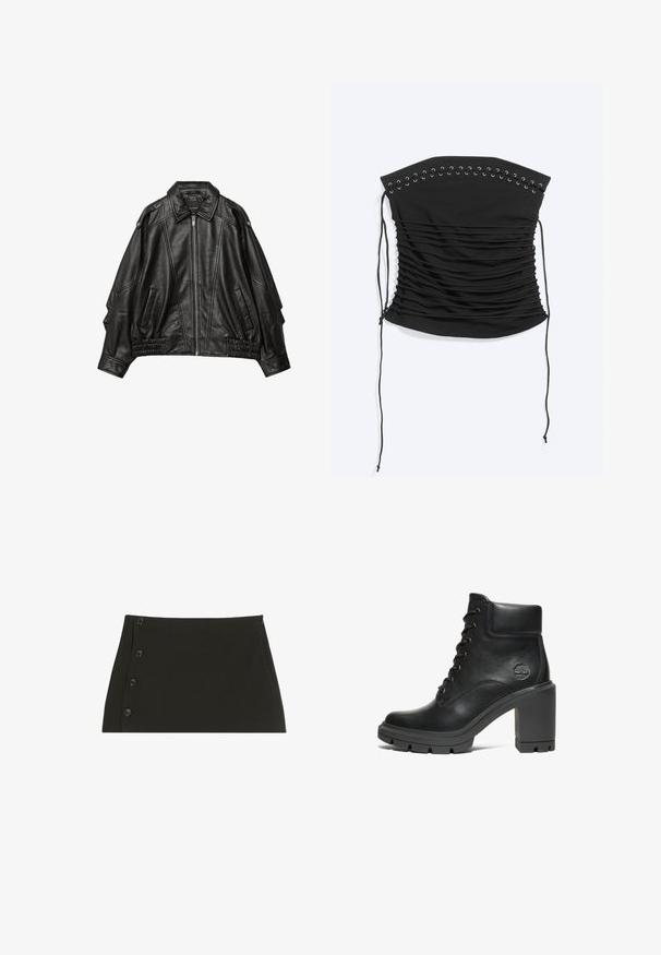 Schwarze Lederjacke mit einem Reißverschluss vorne, breitem Kragen und gerafften Details an den Manschetten und am Saum, mit seitlichen Taschen und strukturierten Schultern.; Schwarzes trägerloses gerafftes Korsett-Top mit Schnürdetail und langen seitlichen Bändern, flach auf hellem Hintergrund liegend.; Schwarzer Minirock mit vier vertikal angeordneten Knöpfen auf der linken Seite und seitlichem Reißverschluss auf der rechten Seite.; Schwarze Leder-Stiefelette mit einem klobigen Absatz, Schnürdesign und strukturiertem Gummisohl; besitzt ein kleines geprägtes Logo an der Seite.