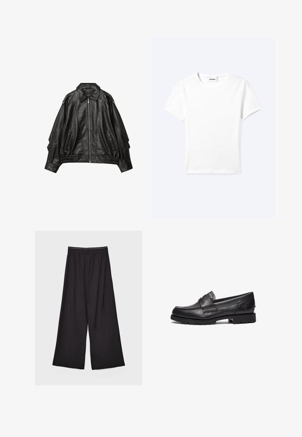 Sort læderjakke med lynlås fortil, bred krave og draperinger ved manchetterne og kanten, samt sidelommer og strukturerede skuldre.; Ensfarvet hvid t-shirt med korte ærmer og rund halsudskæring med en lille "WEEKDAY" label indeni halskanten, vist fladt på en lys baggrund.; Sorte bukser med vide ben, elastisk taljebånd og diskrete folder, lagt fladt på en lys baggrund.; Timberland Loafers - black