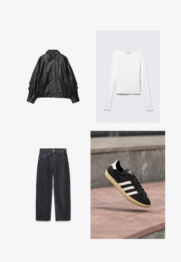 Schwarze Lederjacke mit einem Reißverschluss vorne, breitem Kragen und gerafften Details an den Manschetten und am Saum, mit seitlichen Taschen und strukturierten Schultern.; Weißes Langarmoberteil mit einem Überlappungsdesign und einer Tasche. Hergestellt aus einem glatten, elastischen Material. In einem lässigen, entspannten Schnitt.; Schwarze Jeans aus Denim mit geradem Bein, ausgestattet mit Fronttaschen, einem Knopfleistenverschluss und subtilen Verfärbungen im Stoff.; Schwarzer Adidas-Sneaker mit weißen Streifen und beiger Sohle, in der Luft über einer steinernen Oberfläche und mit Steinwand im Hintergrund aufgenommen.