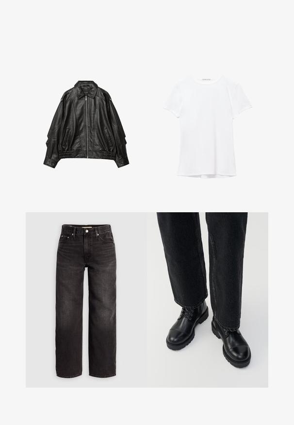 Schwarze Lederjacke mit einem Reißverschluss vorne, breitem Kragen und gerafften Details an den Manschetten und am Saum, mit seitlichen Taschen und strukturierten Schultern.; Weißes T-Shirt mit kurzen Ärmeln aus glatter Stoffqualität, mit rundem Ausschnitt und dezenten Nähten am Saum.; Levi's® BAGGY DAD - Baggy Jeans - shrink up; Schwarze Lederknöchelstiefel mit runden Zehen, Schnürsenkeln und einer robusten, dicken Sohle. Kombiniert mit dunklen Jeans, die ein rohes Saumdetail aufweisen.