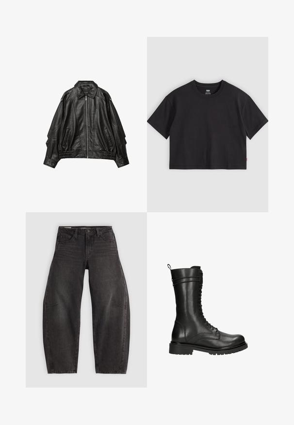 Zwart leren jack met een ritssluiting aan de voorkant, brede kraag en geplooide details bij de mouwen en de zoom, voorzien van zijzakken en gestructureerde schouders.; Zwarte cropped T-shirt met korte mouwen en ronde hals en een klein rood Levi's-label op de zijnaden, plat gelegd op een lichtgrijze achtergrond.; Zwarte denim jeans met een relaxed fit, voorzien van vijf zakken, een knoopsluiting en subtiele vervaging. De stof heeft een soepele, stevige textuur.; Zwarte leren gevechtslaarzen met een hoge schacht, vetersluiting aan de voorkant en een gestructureerde afwerking. Beschikt over een stevige rubberen zool en een trekband.