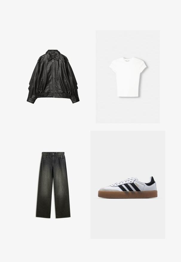 Veste en cuir noir avec fermeture éclair à l'avant, col large, et détails froncés aux poignets et à l'ourlet, avec poches latérales et épaules structurées.; T-shirt blanc à manches courtes en coton doux, avec un col rond et une coupe ajustée. Pas de motifs ni d'ornements visibles.; Jeans évasés en denim gris foncé avec une finition délavée, un design à cinq poches et une fermeture à bouton à la taille.; Baskets en cuir blanc avec des rayures noires, semelle extérieure en caoutchouc beige, bout rond, fermeture lacée et embout en suède gris doux.