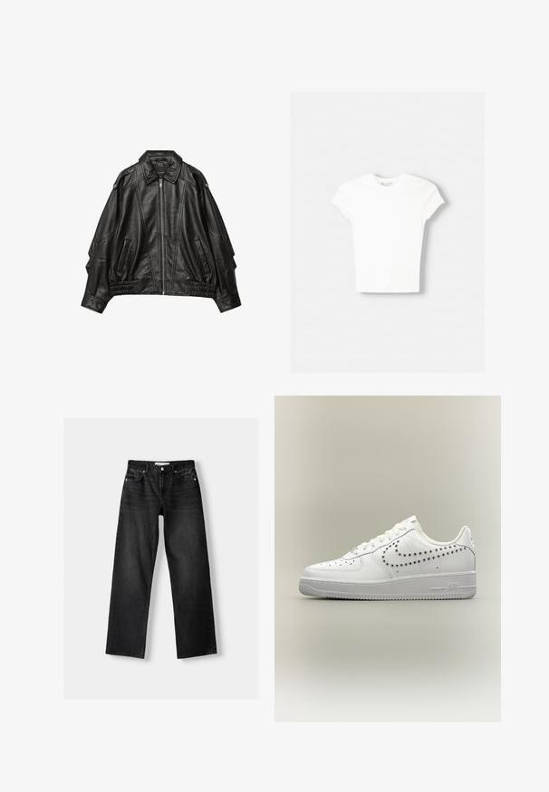 Schwarze Lederjacke mit einem Reißverschluss vorne, breitem Kragen und gerafften Details an den Manschetten und am Saum, mit seitlichen Taschen und strukturierten Schultern.; Weißes kurzärmliges T-Shirt aus weicher Baumwolle, mit Rundhalsausschnitt und figurbetonter Form. Keine sichtbaren Muster oder Verzierungen.; Bershka Jeans Straight Leg - mottled dark grey; Weißer Sneaker mit niedrigem Schaft und perforiertem Nike-Swoosh-Design an der Seite, weißen Schnürsenkeln und strukturierter Sohle auf neutralem Hintergrund.