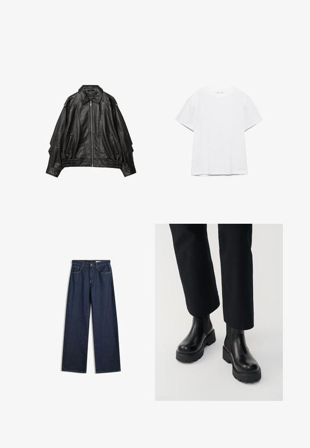 Veste en cuir noir avec fermeture éclair à l'avant, col large, et détails froncés aux poignets et à l'ourlet, avec poches latérales et épaules structurées.; T-shirt blanc uni à manches courtes et col rond, avec un ourlet droit, présenté sur un fond blanc.; Jean en denim sombre à jambes larges avec cinq poches, coutures visibles et fermeture à bouton. Présente une coupe droite et un léger effet vieilli.; Personne portant des bottines en cuir noir à semelle épaisse, associées à un pantalon noir à jambes droites sur fond blanc.