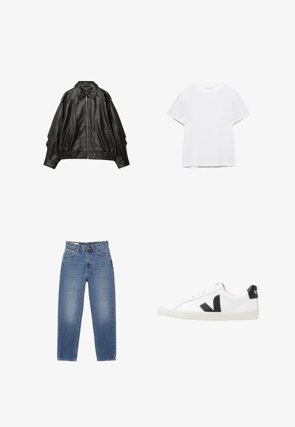Veste en cuir noir avec fermeture éclair à l'avant, col large, et détails froncés aux poignets et à l'ourlet, avec poches latérales et épaules structurées.; T-shirt blanc uni à manches courtes et col rond, avec un ourlet droit, présenté sur un fond blanc.; Jean en denim bleu à coupe droite, cinq poches, avec des détails de surpiqûres visibles sur fond blanc.; Baskets blanches avec un logo V noir, présentant un dessus en cuir lisse, un bout rond, un système de laçage et un empiècement au talon noir contrastant.