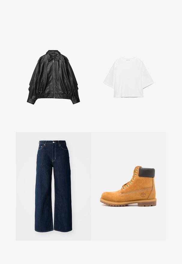 Veste en cuir noir avec fermeture éclair à l'avant, col large, et détails froncés aux poignets et à l'ourlet, avec poches latérales et épaules structurées.; T-shirt blanc à manches courtes, coupe carrée, en coton doux. Présente un col rond et des manches larges, avec un design épuré et simple.; Jeans en denim bleu foncé à jambes larges avec des coutures contrastées, un design à cinq poches et une fermeture à bouton à la taille.; Bottine en cuir marron avec rembourrage noir, œillets dorés et semelle texturée. Présente un logo circulaire sur le côté et des accents de couture.
