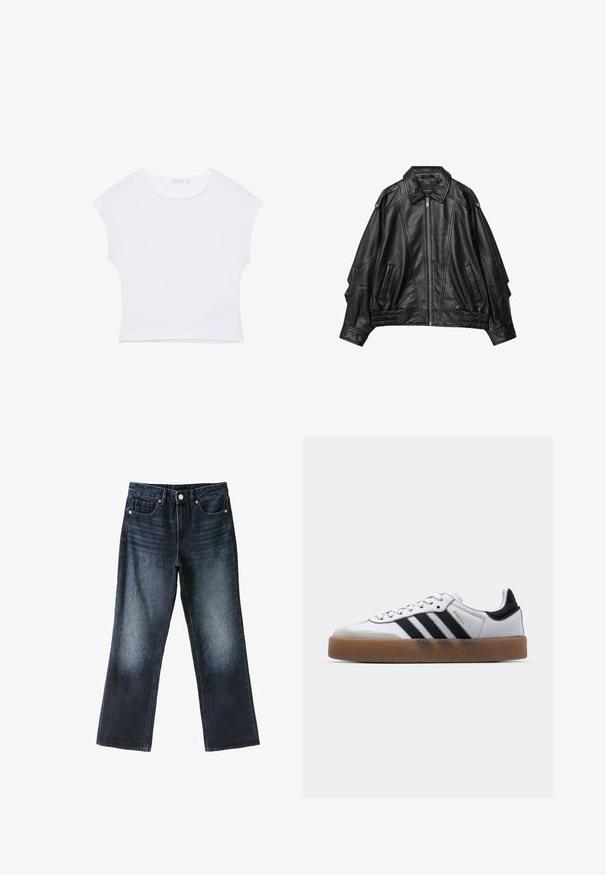 Veste en cuir noir avec fermeture éclair à l'avant, col large, et détails froncés aux poignets et à l'ourlet, avec poches latérales et épaules structurées.; T-shirt court blanc à manches courtes avec col rond, en tissu lisse, posé à plat sur un fond blanc.; Jean bleu foncé délavé à coupe droite avec bouton à l'avant, passants pour ceinture et design cinq poches, posé à plat sur fond blanc.; Baskets en cuir blanc avec des rayures noires, semelle extérieure en caoutchouc beige, bout rond, fermeture lacée et embout en suède gris doux.