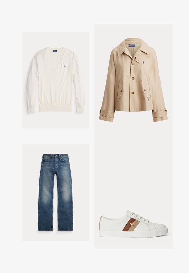 Beige jas met knopen, brede kraag, twee voorzakken met klep, knoopmanchetten en klein blauw geborduurd logo op de borst.; Witte trui met lange mouwen en V-hals, geribbelde boorden en zoom, met een klein marineblauw Ralph Lauren polospeler logo op de linkerborst.; Blauwe straight-leg jeans met vervaagde plekken op de dijen, vijfzakkenontwerp en knoopsluiting, plat liggend op een witte achtergrond.; Witte lage sneakers met beige en bruine zijstrepen en gouden RL-logo, met witte veters en een getextureerde witte rubberen zool.