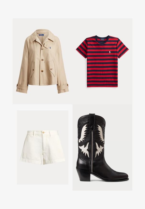 Beige jakke med knapper, bred krave, to forlommer med klap, knappede manchetter og lille blåt broderet logo på brystet.; T-shirt med korte ærmer og rund hals med røde og navy horisontale striber og en lille hvid Polo Ralph Lauren-logo på venstre bryst.; Hvide bomuldsshorts med en afslappet pasform, der har en knaplukning, lige ben og opbukket kant. Enkel design uden mønstre eller detaljer.; Sorte læder cowboystøvler med hvide kantede detaljer, prydet med dekorativ syning, spidse tåer og en lav stablet hæl.