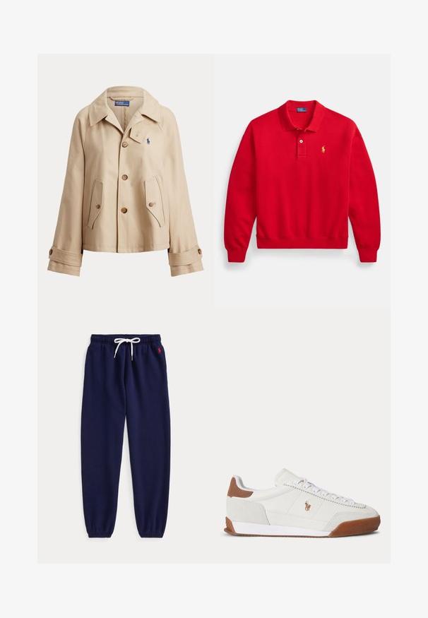 Beige jas met knopen, brede kraag, twee voorzakken met klep, knoopmanchetten en klein blauw geborduurd logo op de borst.; Rood poloshirt met lange mouwen gemaakt van katoen, voorzien van een inzet met drie knopen, geribde manchetten en een klein geel logo op de borst.; Marineblauwe joggerbroek met witte aantrekkoord in de taille en elastische boorden, met een klein rood logo geborduurd vlak bij de linker zak.; Witte lage sneaker met bruine suède accenten bij hiel en neus, witte veters en een klein bruin geborduurd logo aan de zijkant.