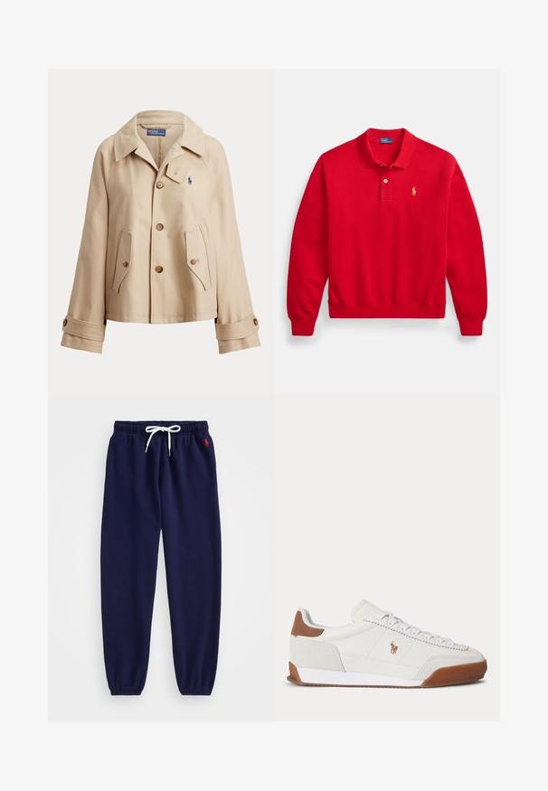 Beige jas met knopen, brede kraag, twee voorzakken met klep, knoopmanchetten en klein blauw geborduurd logo op de borst.; Rood poloshirt met lange mouwen gemaakt van katoen, voorzien van een inzet met drie knopen, geribde manchetten en een klein geel logo op de borst.; Marineblauwe trainingsbroek met elastische tailleband en koord, taps toelopende manchetten en een klein rood logo op de linkerdij. Zachte stoftextuur.; Witte lage sneaker met bruine suède accenten bij hiel en neus, witte veters en een klein bruin geborduurd logo aan de zijkant.