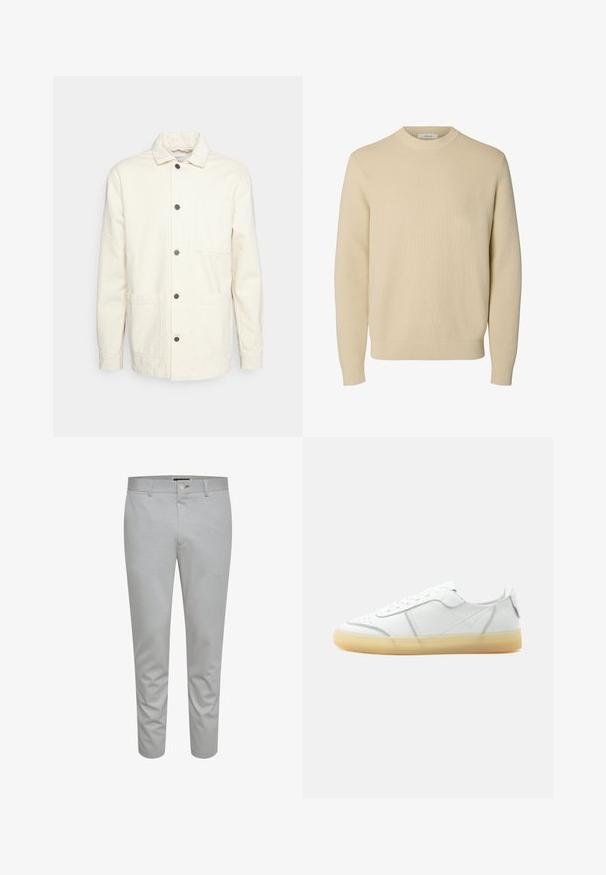 KnowledgeCotton Apparel Leichte Jacke - raw cotton; Schlichter beiger Rundhals-Strickpullover mit langen Ärmeln und gerippten Bündchen und Saum.; Hellgraue, maßgeschneiderte Hose mit glatter Textur, ausgestattet mit einem Knopfverschluss, Gürtelschlaufen und Fronttaschen. Design in knöchellanger, verkürzter Form.; Weißer flacher Ledersneaker mit beiger durchsichtiger Sohle, Schnürung vorne und minimalen Nähten, seitlich auf schlichtem Hintergrund gezeigt.