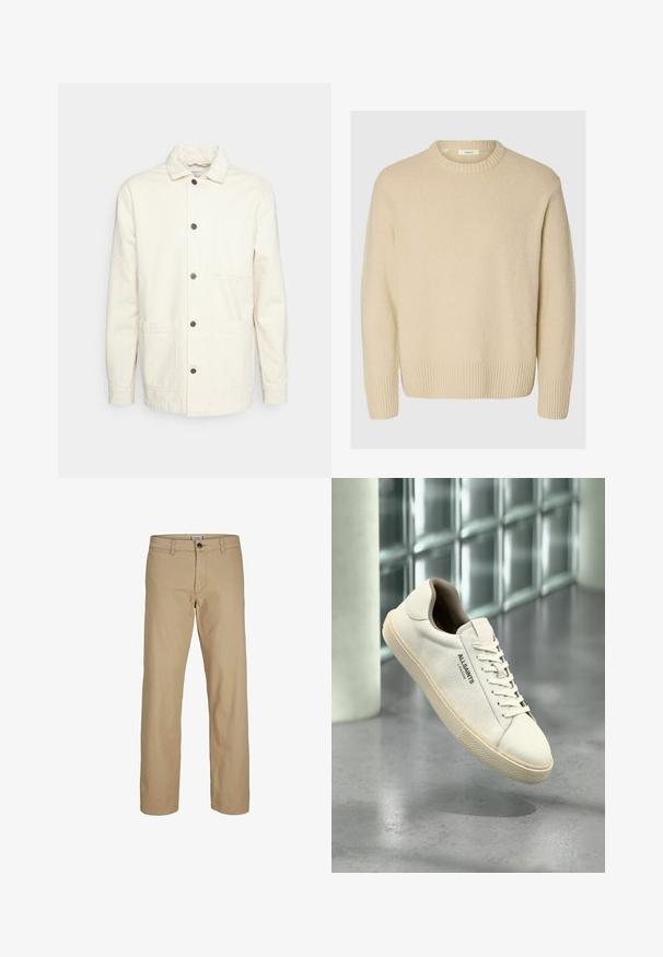 KnowledgeCotton Apparel Veste légère - raw cotton; Pull crème en tissu texturé. Présente un col rond côtelé et des poignets côtelés, avec une coupe décontractée et des manches longues.; Pantalon beige à jambes droites avec fermeture à boutons, passants pour ceinture et poches avant, présenté sur un fond blanc.; Baskets en toile blanche avec semelle et lacets beige, logo "AllSaints London" sur le côté, flottant au-dessus d'un sol gris poli près de blocs de verre.