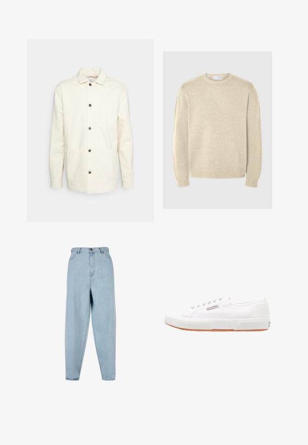 KnowledgeCotton Apparel Veste légère - raw cotton; Pull en maille beige clair avec un col rond, des manches longues, des poignets et un ourlet côtelés. Texture lisse avec un motif de moyenne épaisseur.; Jean taille haute bleu clair avec une coupe décontractée. Comprend un bouton sur le devant, une fermeture éclair et un design à cinq poches. Texture du tissu légèrement délavée.; Baskets en toile blanches avec une semelle en caoutchouc, design à lacets et une petite étiquette logo sur le côté. Tige blanche texturée et semelle extérieure marron.
