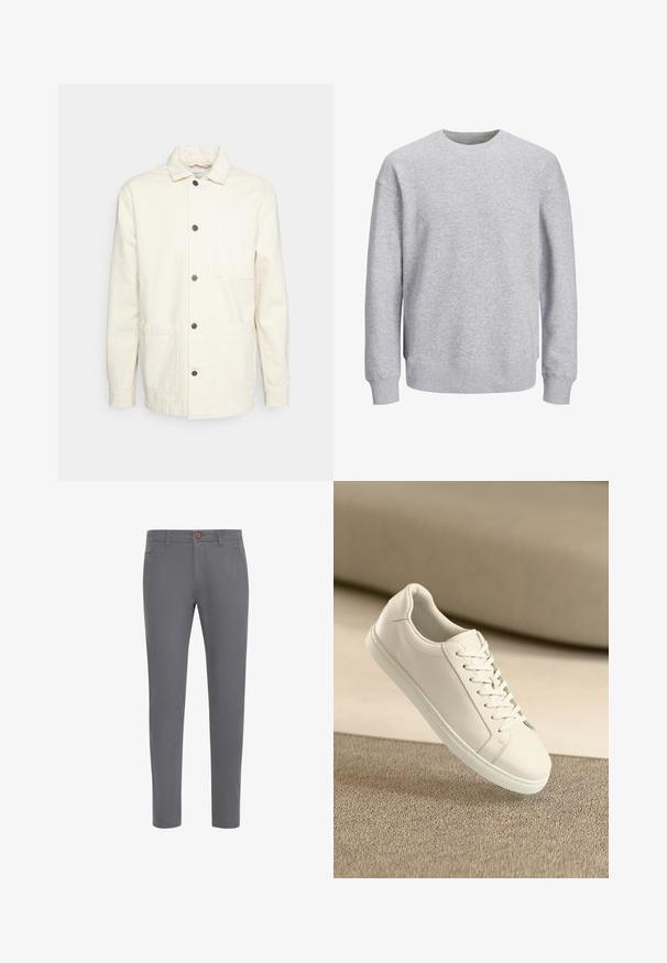 KnowledgeCotton Apparel Leichte Jacke - raw cotton; Grauer Pullover mit Rundhalsausschnitt, langen Ärmeln und gerippten Bündchen sowie Saum. Hergestellt aus weichem Stoff, bietet einen lässigen Schnitt ohne Muster oder Akzente.; Graue Baumwollhosen mit einer taillierten Passform, ausgestattet mit einem Knopfverschluss, normalen Taschen und einer glatten Textur.; Weißes Leder Sneaker mit weißen Schnürsenkeln, auf einer beigefarbenen strukturierten Oberfläche präsentiert, und einem sanft verschwommenen Hintergrund.