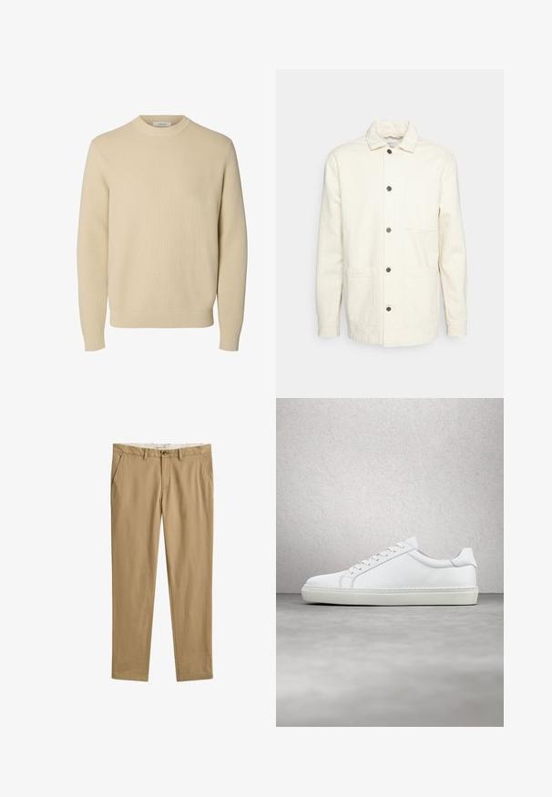 KnowledgeCotton Apparel Lichte jas - raw cotton; Effen beige ronde hals gebreide trui met lange mouwen en geribde boorden en zoom.; Beige casual rechte broek met riemlussen, knoop- en ritssluiting aan de voorkant en steekzakken, vooraanzicht.; Witte sneaker met een gladlederen bovenwerk en een laag profiel. Voorzien van een ronde neus, zes vetergaatjes en een gestructureerde rubberen zool.