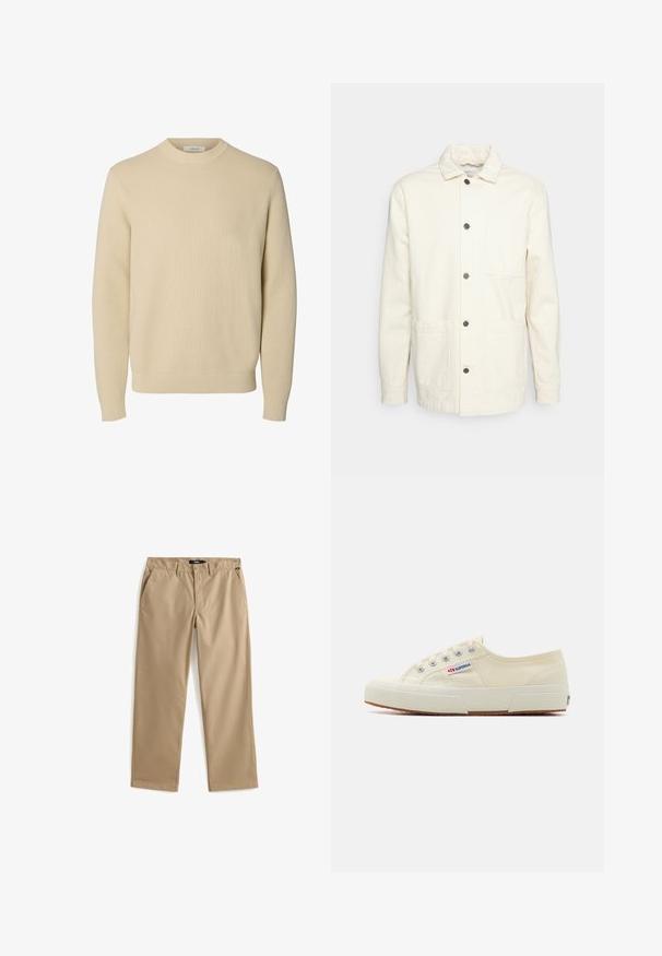 KnowledgeCotton Apparel Let jakke / Sommerjakker - raw cotton; Enkel beige crewneck striktrøje med lange ærmer og ribstrikkede manchetter og kant.; Beige chinos med lige ben lavet af let bomuldsstof. Har to forlommer og lukning med knap. Glat struktur, minimal dekoration.; Beige lærredssneaker med et lavprofildesign, metaløjet og gummisål. Har et tekstureret mønster og logodetalje på siden.