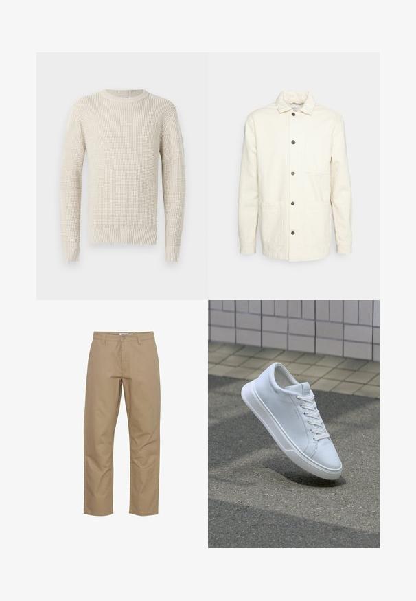 KnowledgeCotton Apparel Veste légère - raw cotton; Pull en tricot de couleur crème avec une texture côtelée, col rond et manches longues. Présente une coupe ample et des poignets et un ourlet élastiques.; Pantalons en coton beige avec une coupe droite, présentant une fermeture éclair et un bouton à l'avant, des poches latérales et une finition soignée.; Baskets basses blanches à lacets flottant au-dessus d’un bitume texturé et d’une surface carrelée beige en arrière-plan.