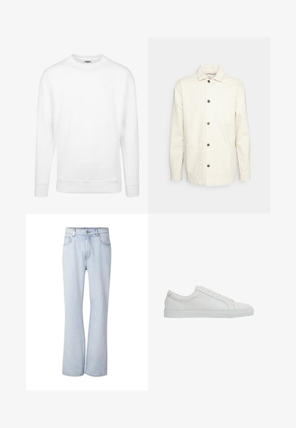 KnowledgeCotton Apparel Leichte Jacke - raw cotton; Weißer Sweatshirt aus weichem Stoff. Mit langen Ärmeln, Rundhalsausschnitt, gerippten Bündchen und Saum. Einfaches und minimalistisches Design.; Hellblaue Jeans mit hoher Taille, Fronttaschen, Knopfverschluss und leicht ausgestellten Beinen auf weißem Hintergrund.; Reiss REGULAR FIT - LUCA TUMBLED - Sneaker low - white