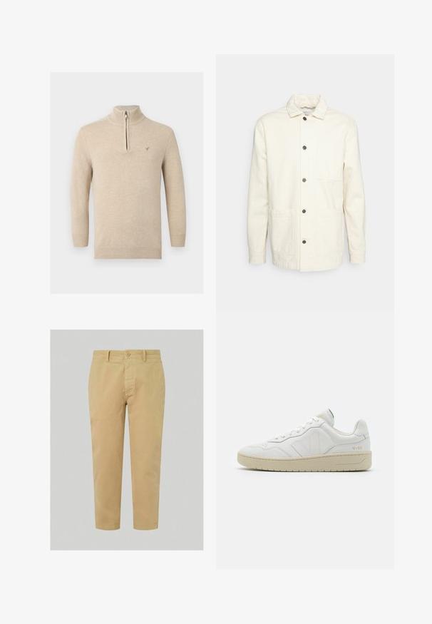 KnowledgeCotton Apparel Letná bunda - raw cotton; Béžový dlhý pletený sveter s rebrovanými manžetami a lemom, stojacím golierom a krátkym zipsom pri výstrihu.; Khaki chino nohavice s rovnými nohavicami, predným zatvorením na gombík, pútkom na opasok a hladkým bavlneným materiálom. Strih nad členky.; Biele kožené tenisky s textúrovaným povrchom a polstrovaným golierom. Majú béžovú gumovú podrážku a diskrétne značenie na päte a boku.