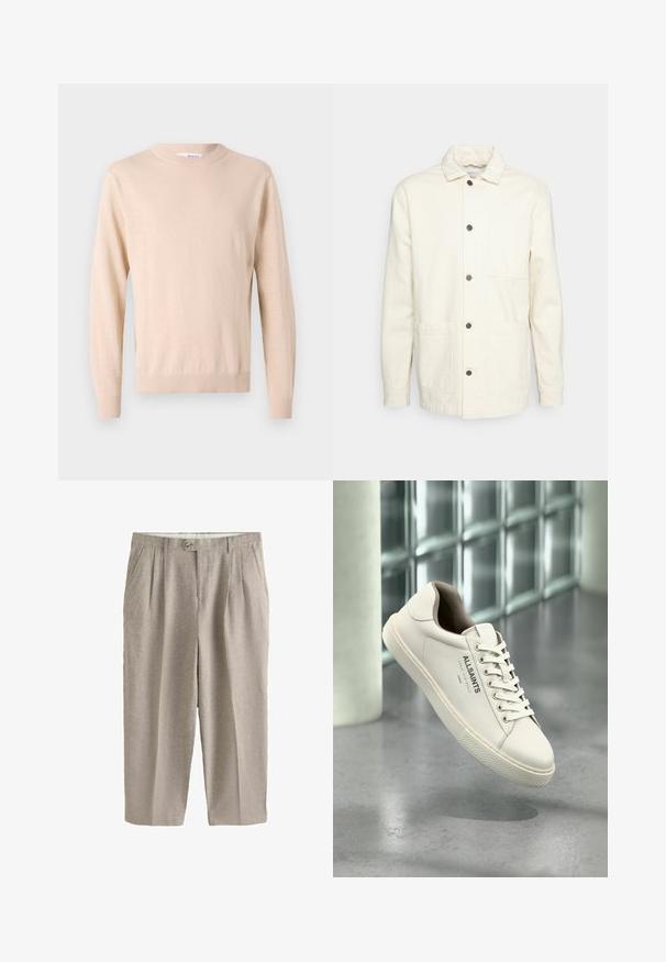 KnowledgeCotton Apparel Leichte Jacke - raw cotton; Beige gestrickter Pullover mit Rundhalsausschnitt, langen Ärmeln, gerippten Bündchen und Saum, hergestellt aus weichem Stoff und mit glatter Textur.; Beige plissierte Hose mit hohem Bund, Frontknopf- und Reißverschluss, Seitentaschen und geraden, weiten Beinen.; Weißer AllSaints-Sneaker mit Schnürsenkeln, Logo und japanischem Text, der über einem polierten Betonboden mit mattierten Glasbausteinen im Hintergrund schwebt.